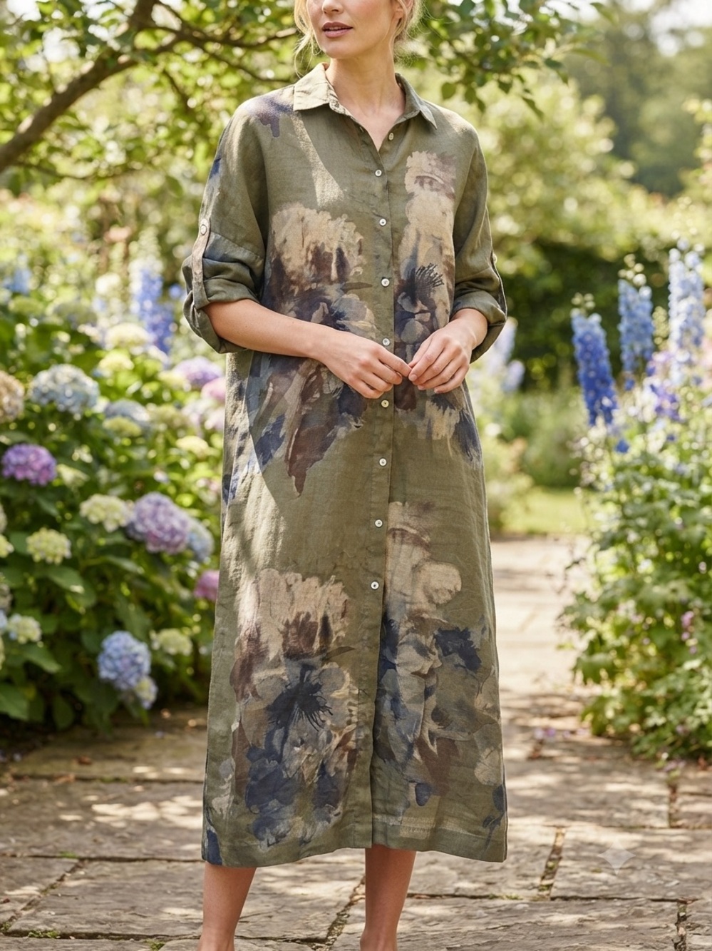 NT By Amati Olive Floral Button-Front Linen Midi Shirt Dress Made in Italy